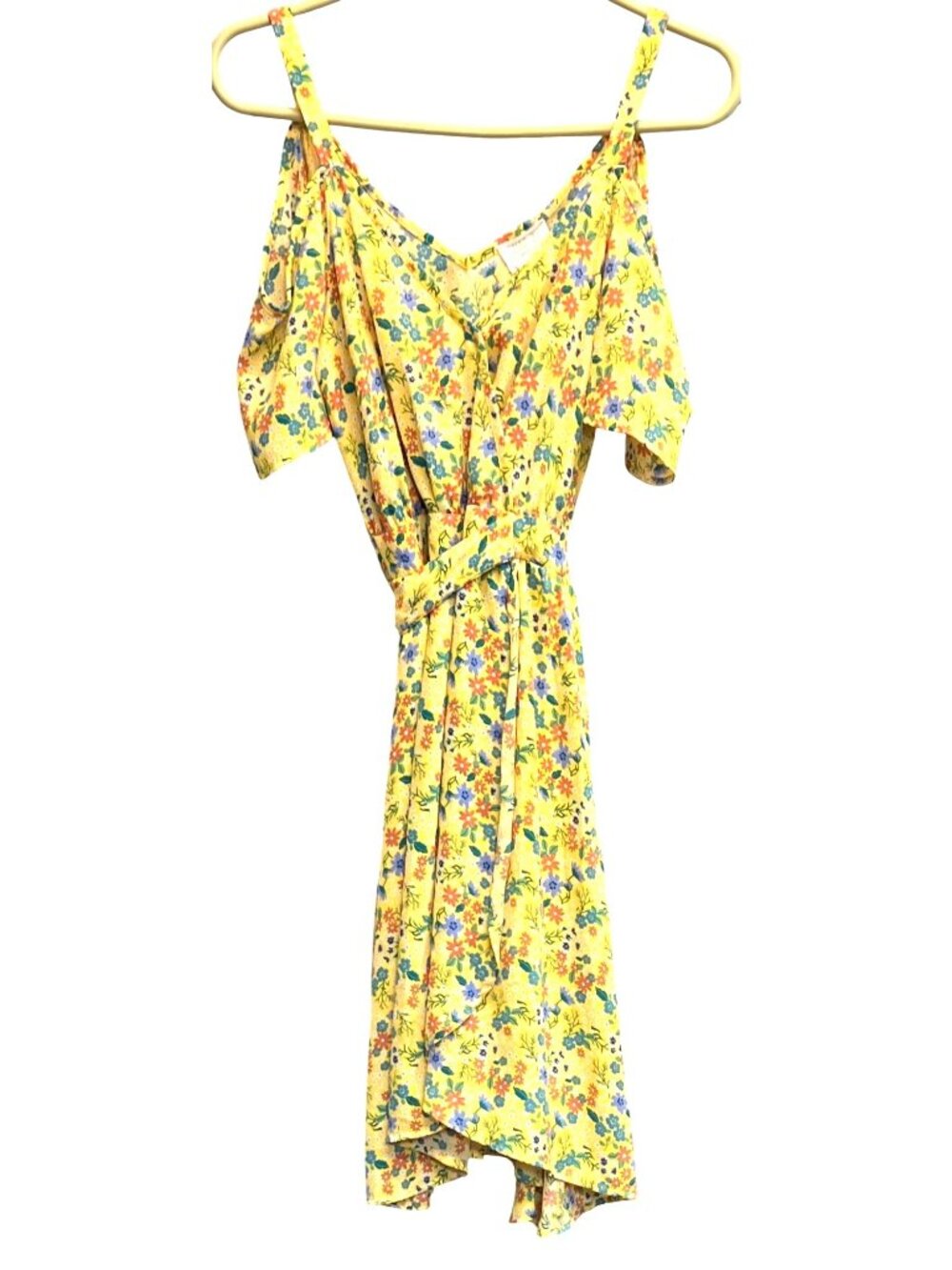 Sienna Sky Women’s Yellow Floral Cold Shoulder Wrap Dress With Tie XS - Picture 2 of 5